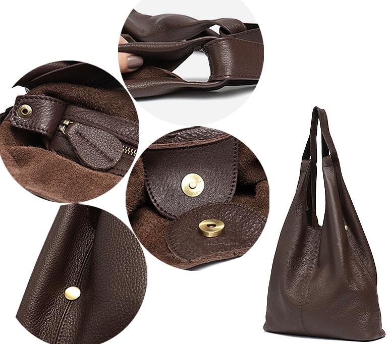 Grand sac porté épaule en cuir de vache souple pour femme, style seau vintage 4