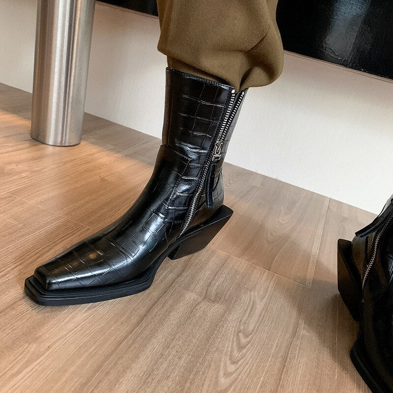 Bottines cuir talon épais bout carré zip latéral rétro femme – photo 46 – Frippin'Dealz