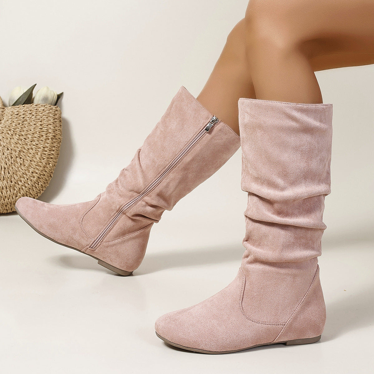Bottes mi-mollet plates à tige plissée aspect daim – photo 6 – Frippin'Dealz
