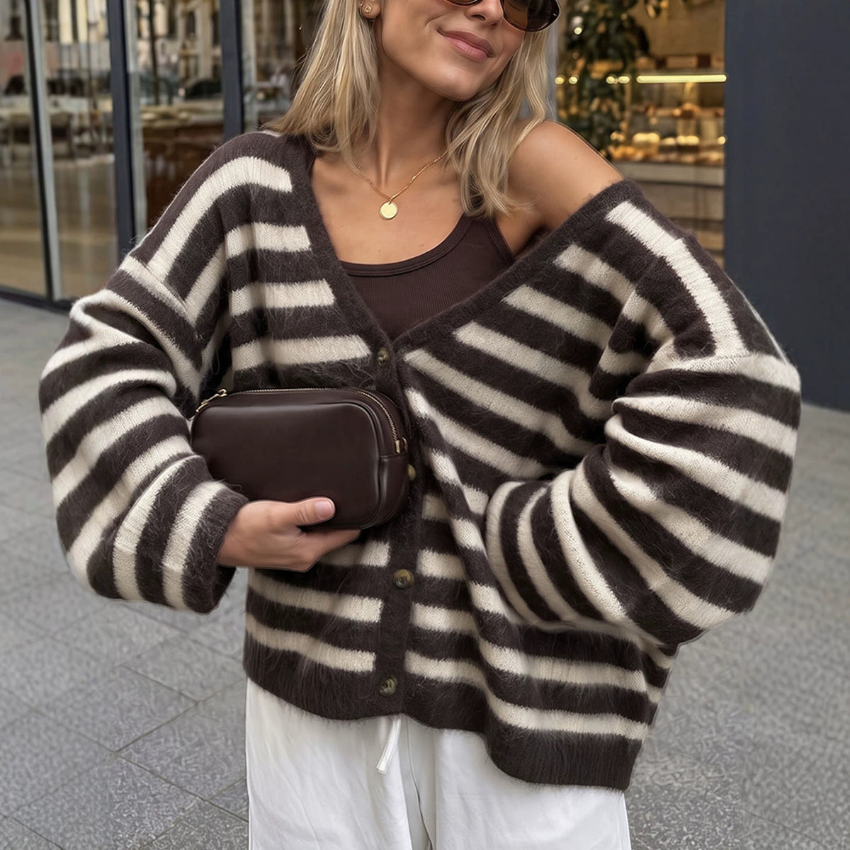 Gilet en maille à col V, rayures et carreaux, manches longues, pour femme, multicolore