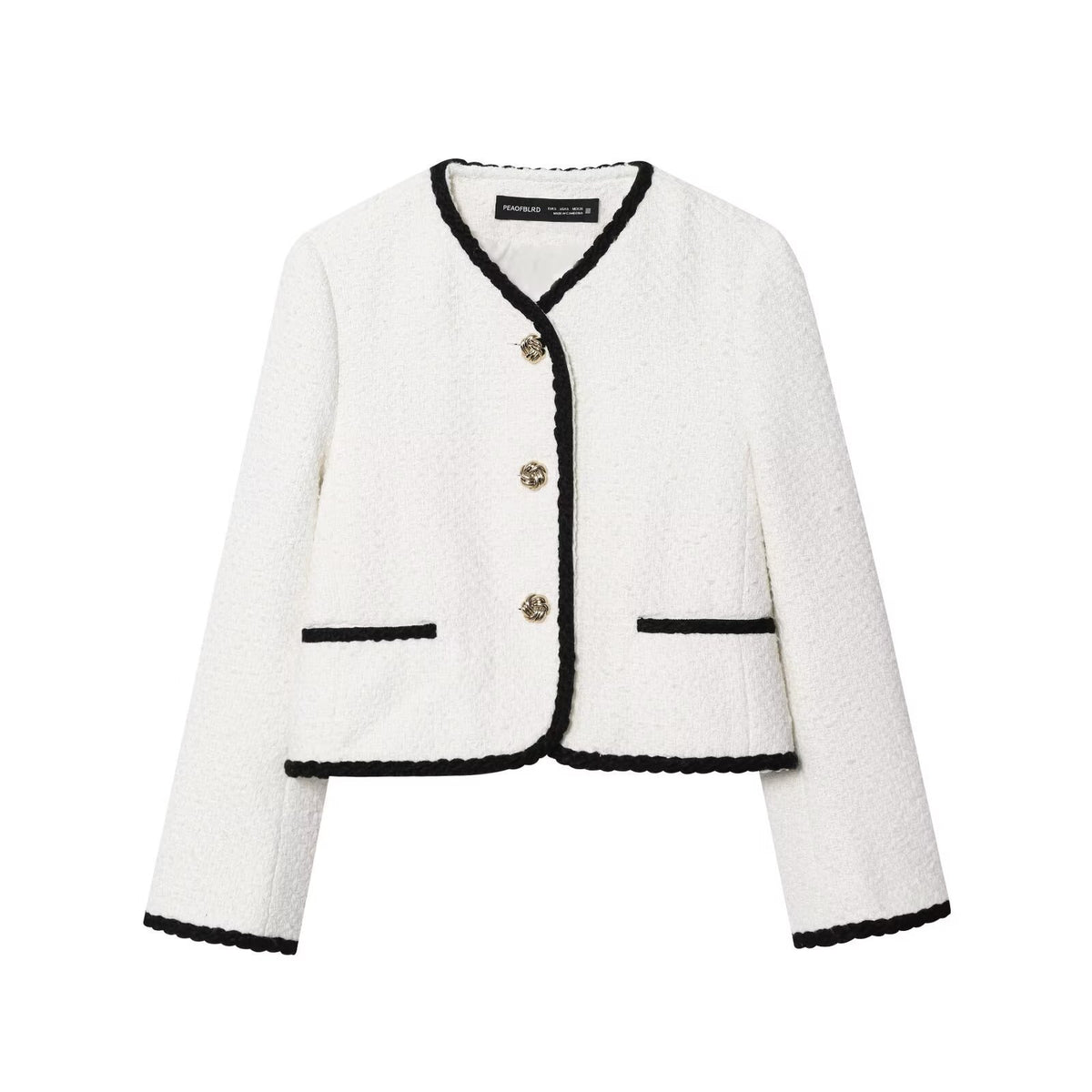 Manteau court style tailleur à col rond, bordures duveteuses et boutonnage simple, pour femme