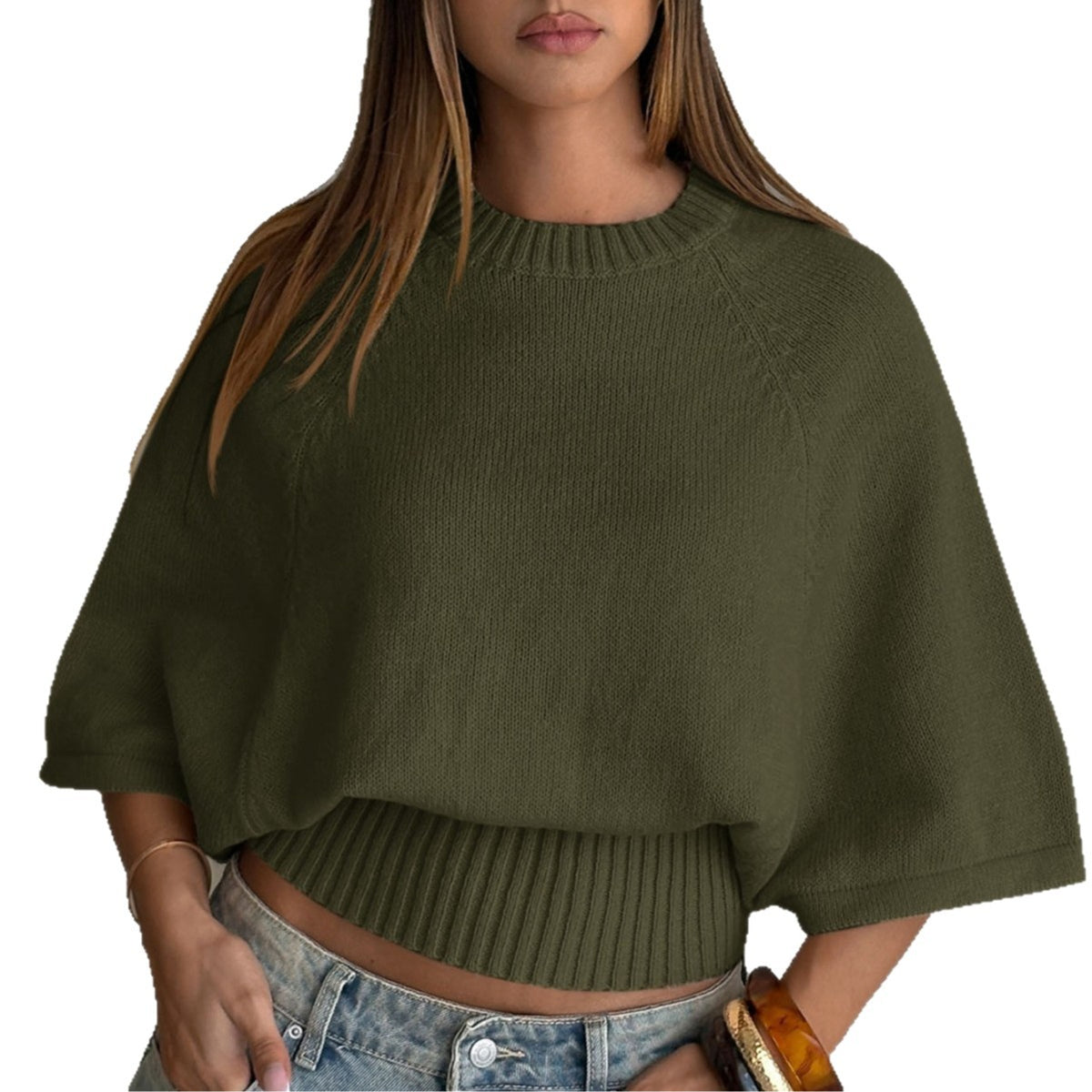 Haut court en maille style cape, coupe ample, manches 3/4, pour femme 3