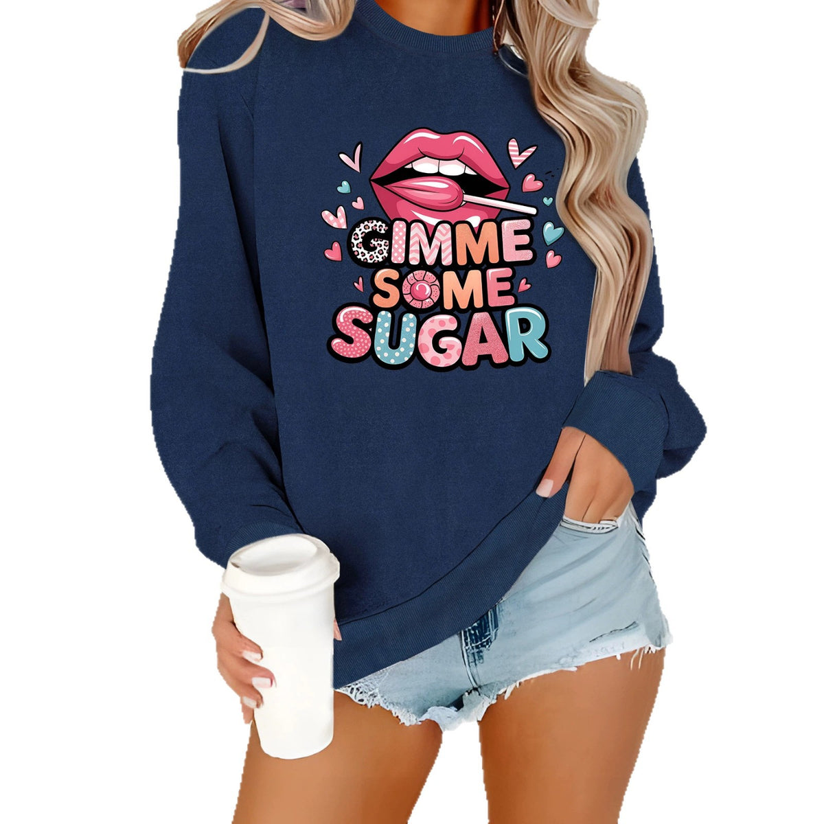 Sweat-shirt col rond style citadin, manches lanternes, imprimé thermocollé, coupe ample, pour femme, 4 coloris