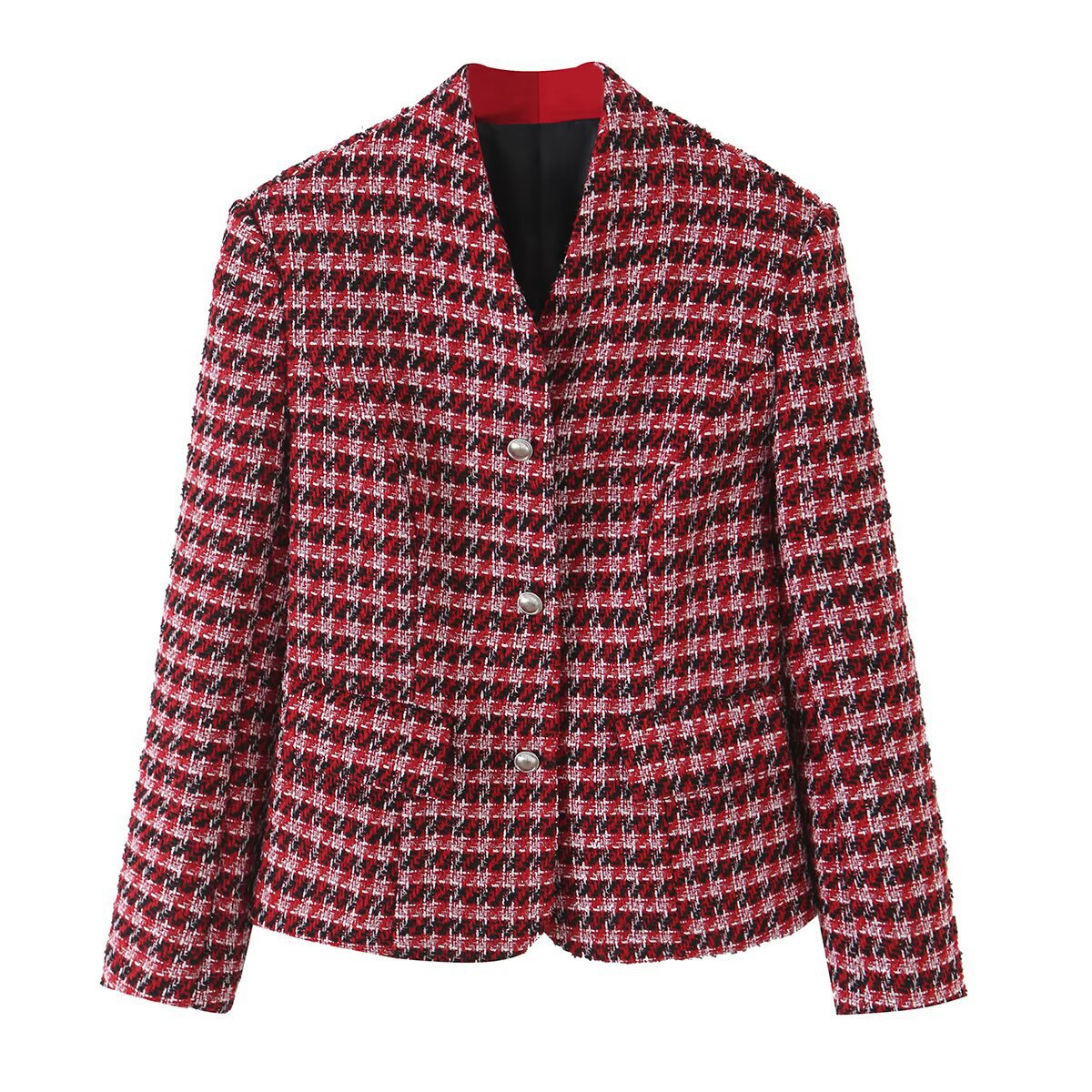 Veste de tailleur à rayures rouges, col V et simple boutonnage 6