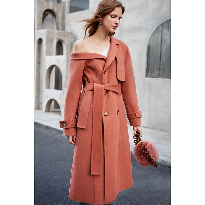 Manteau en laine à double boutonnage et épaule asymétrique pour femme, rouge corail 5