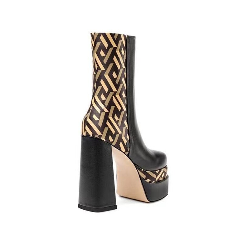 Bottines à bout carré et talon épais 14,5 cm, plateforme, zip latéral