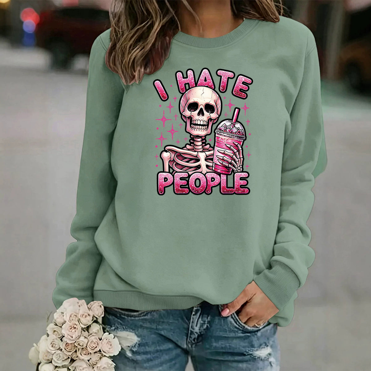Sweat ample sans capuche à col rond, imprimé transfert thermique, manches lanternes, pour femme, 7 coloris 5