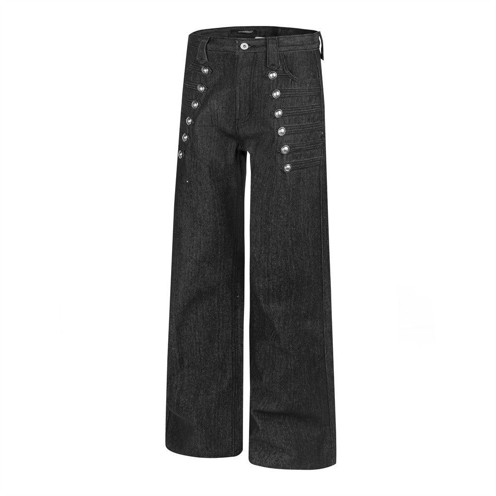 Pantalon droit ample en denim brut vintage pour homme, boutonnage croisé 10