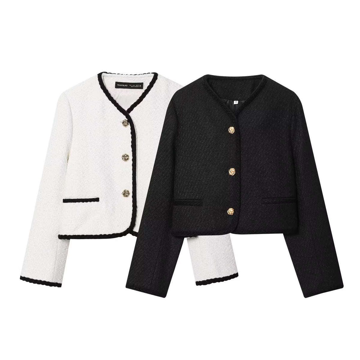 Manteau court style tailleur à col rond, bordures duveteuses et boutonnage simple, pour femme 3