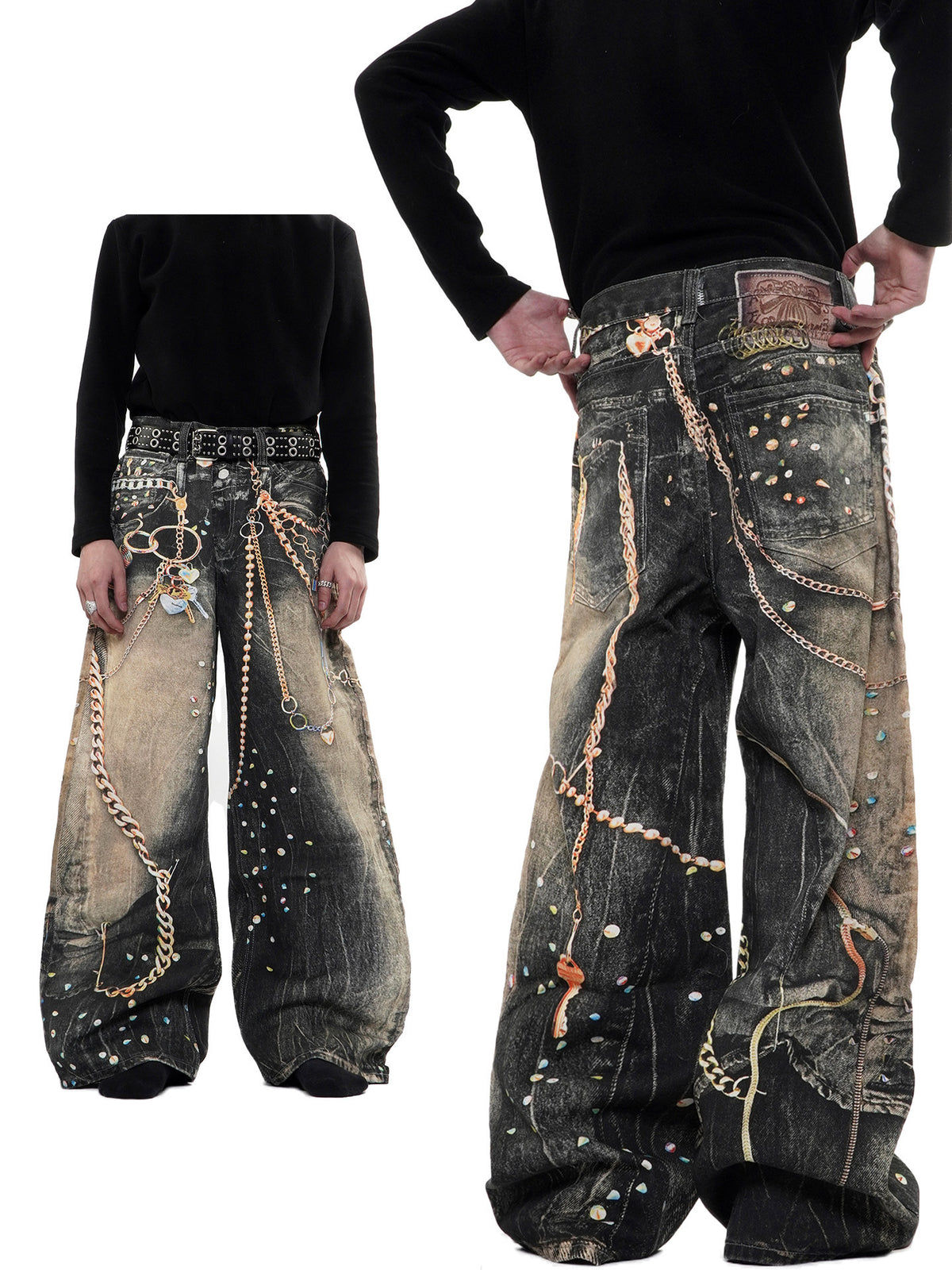 Pantalon en denim épais imprimé streetwear avec chaîne, coupe droite, unisexe 8