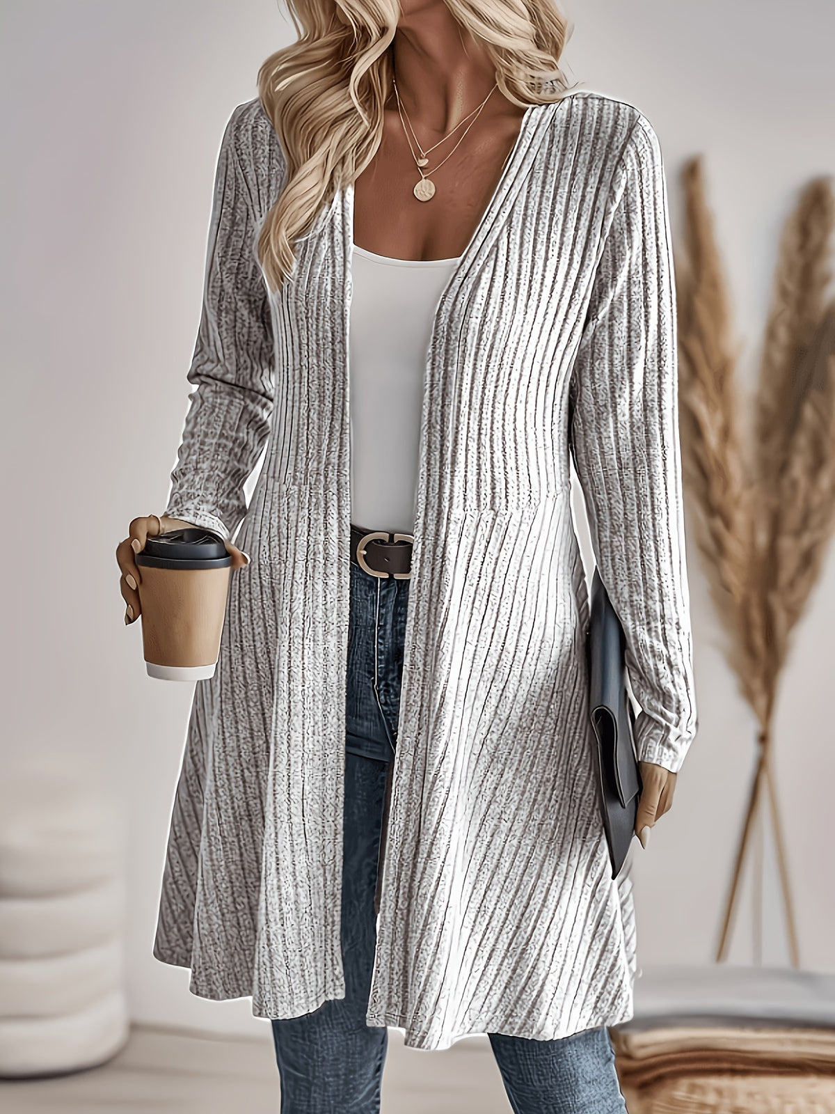 Long gilet maille côtelée sans col femme – photo 9 – Frippin'Dealz