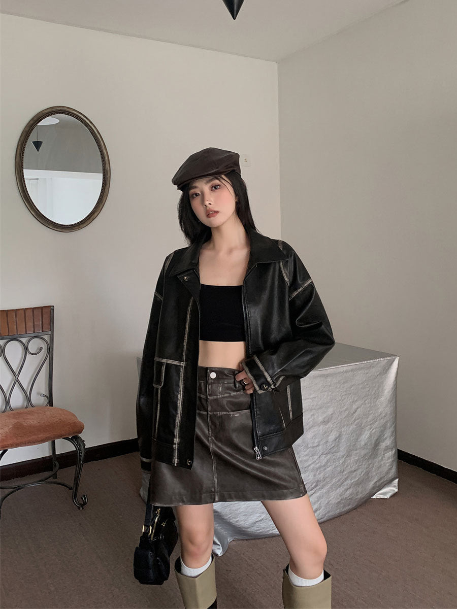 Veste oversize en simili cuir noir vieilli – photo 1 – Frippin'Dealz