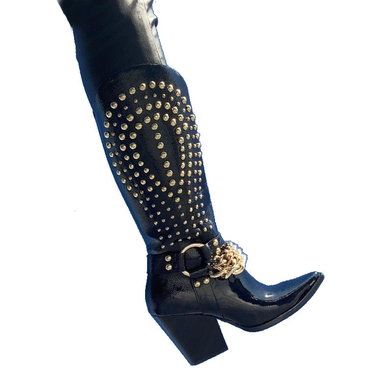 Bottes western punk à talon épais, rivets et boucle, noir verni 3
