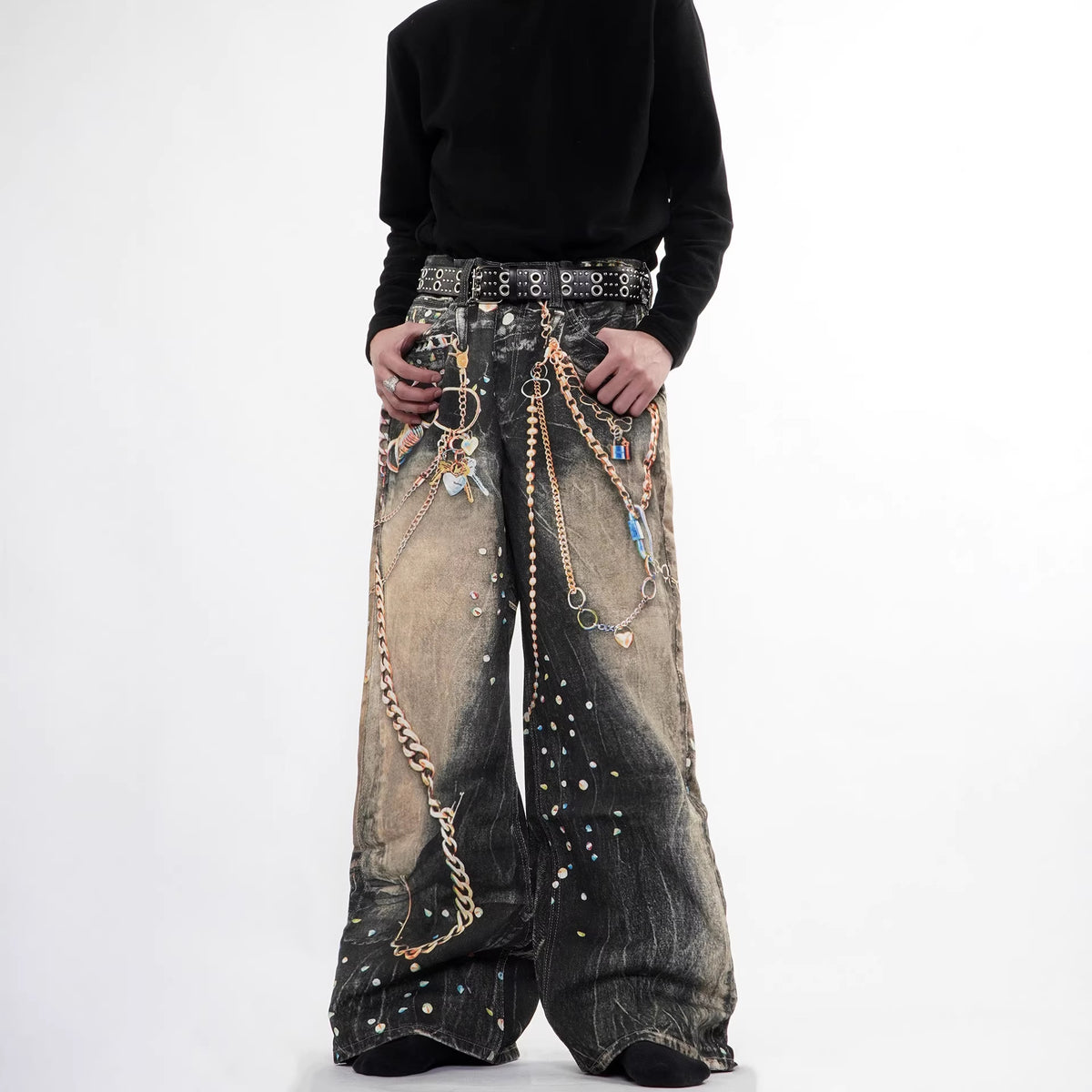 Pantalon en denim épais imprimé streetwear avec chaîne, coupe droite, unisexe 4