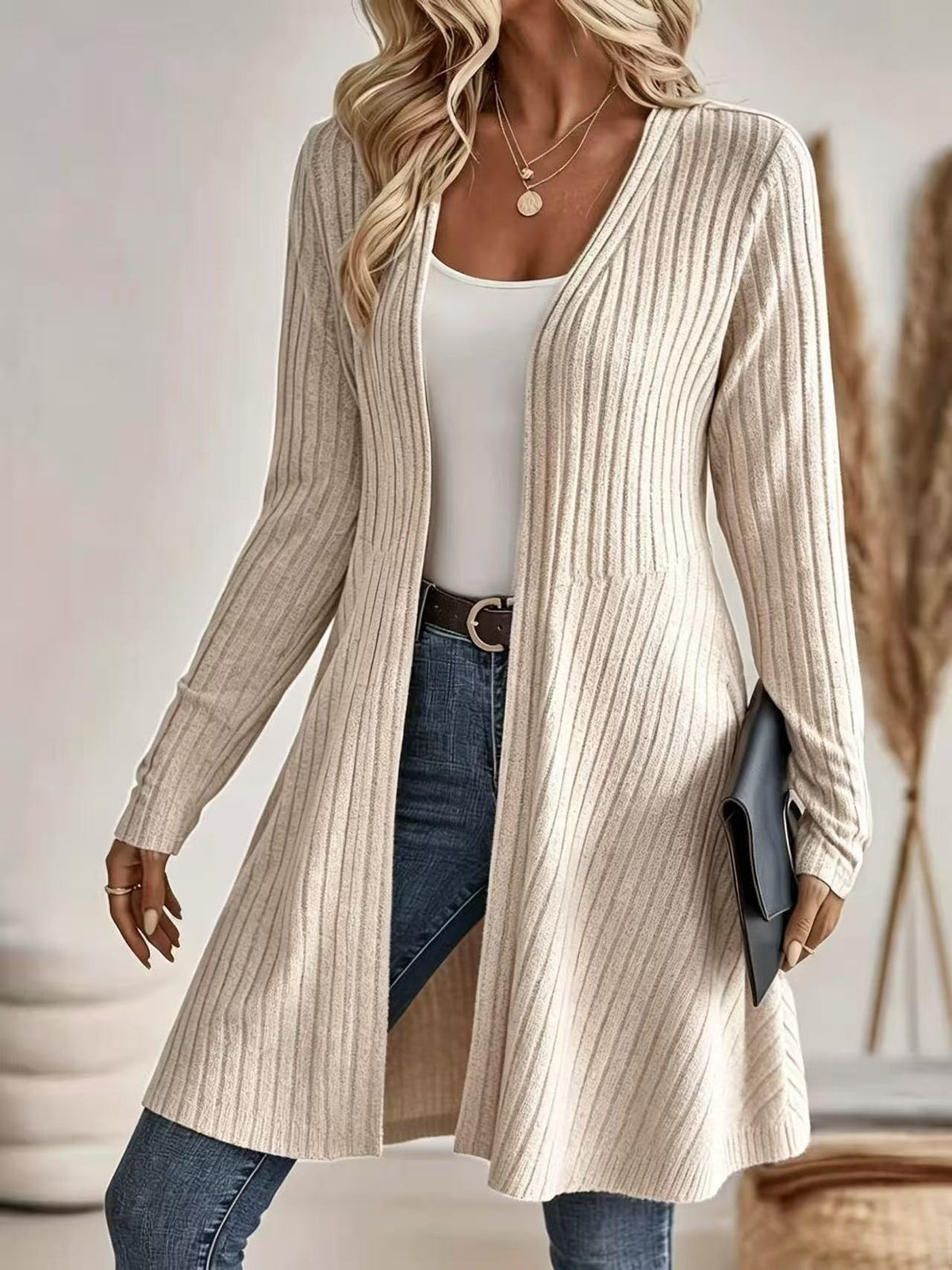 Long gilet en maille côtelée sans col, coupe décontractée, pour femme 4