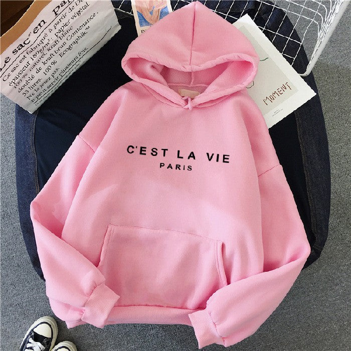 Sweat à capuche pour femme imprimé lettres, doublé polaire, coupe ample, style étudiant décontracté 10