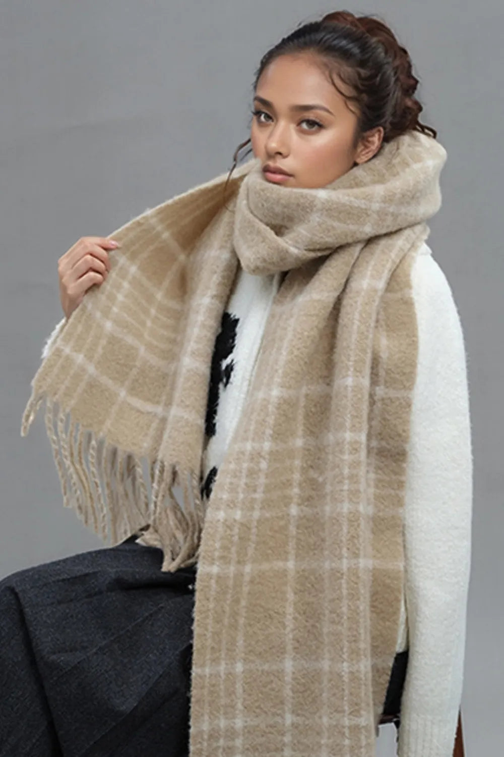Écharpe chaude à carreaux avec franges, en laine de mouton, 2 coloris 6