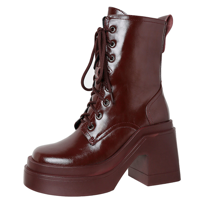 Bottines à plateforme et talon épais en cuir de vache pour femme, marron ou noir