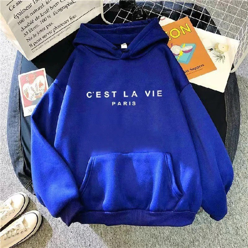 Sweat à capuche pour femme imprimé lettres, doublé polaire, coupe ample, style étudiant décontracté 18