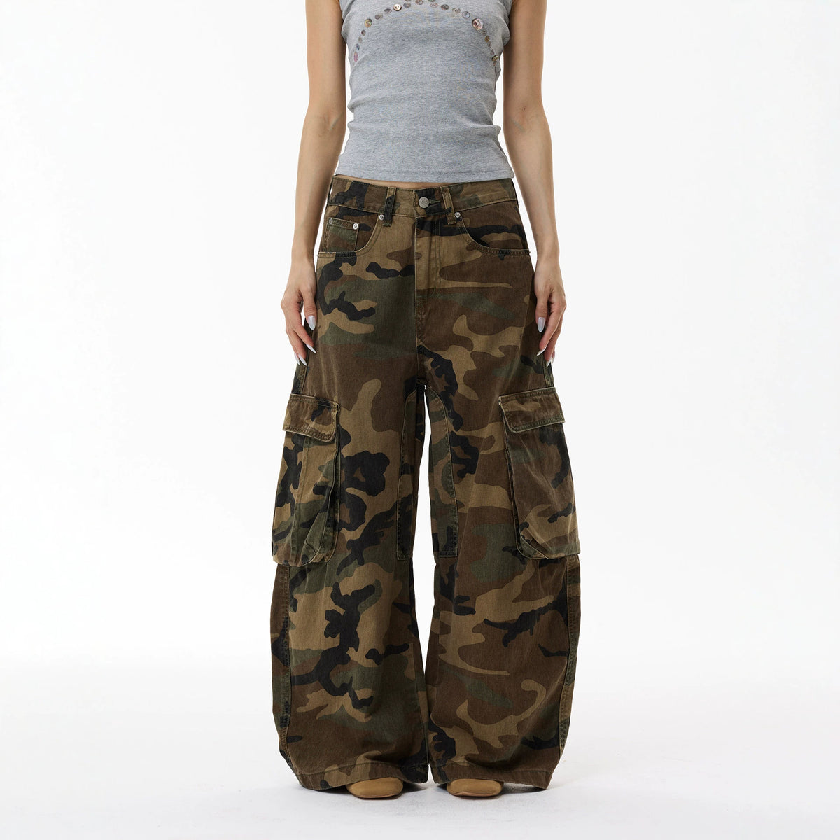 Pantalon cargo camouflage délavé vintage pour homme, jean large à poches, style street 3