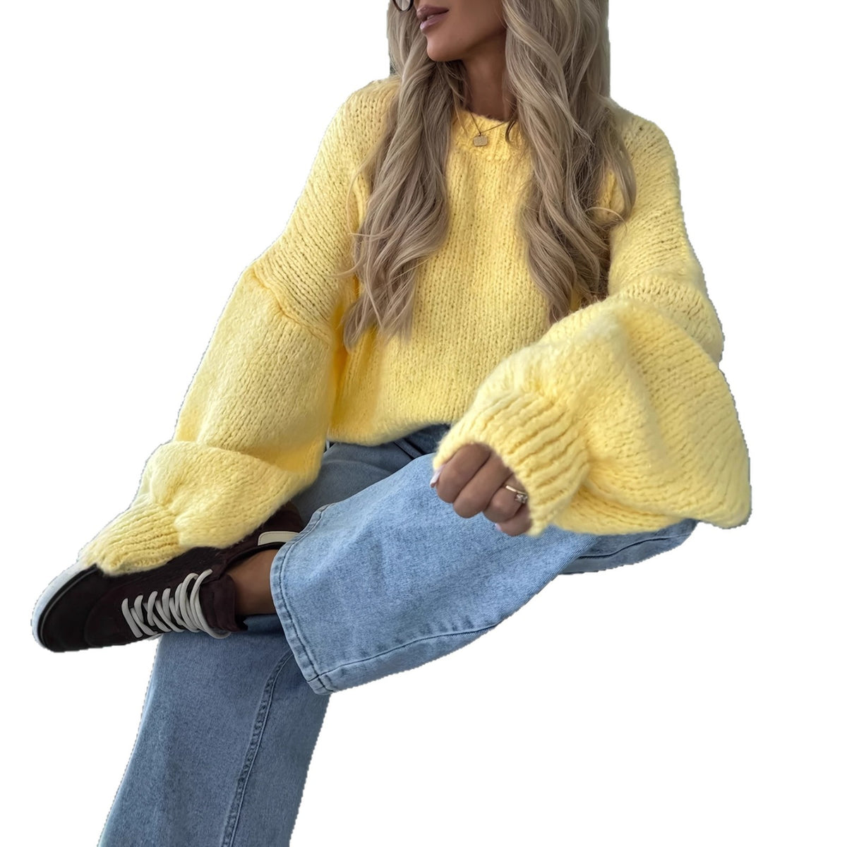 Pull en maille épaisse à col rond pour femme, coupe ample, jaune 5