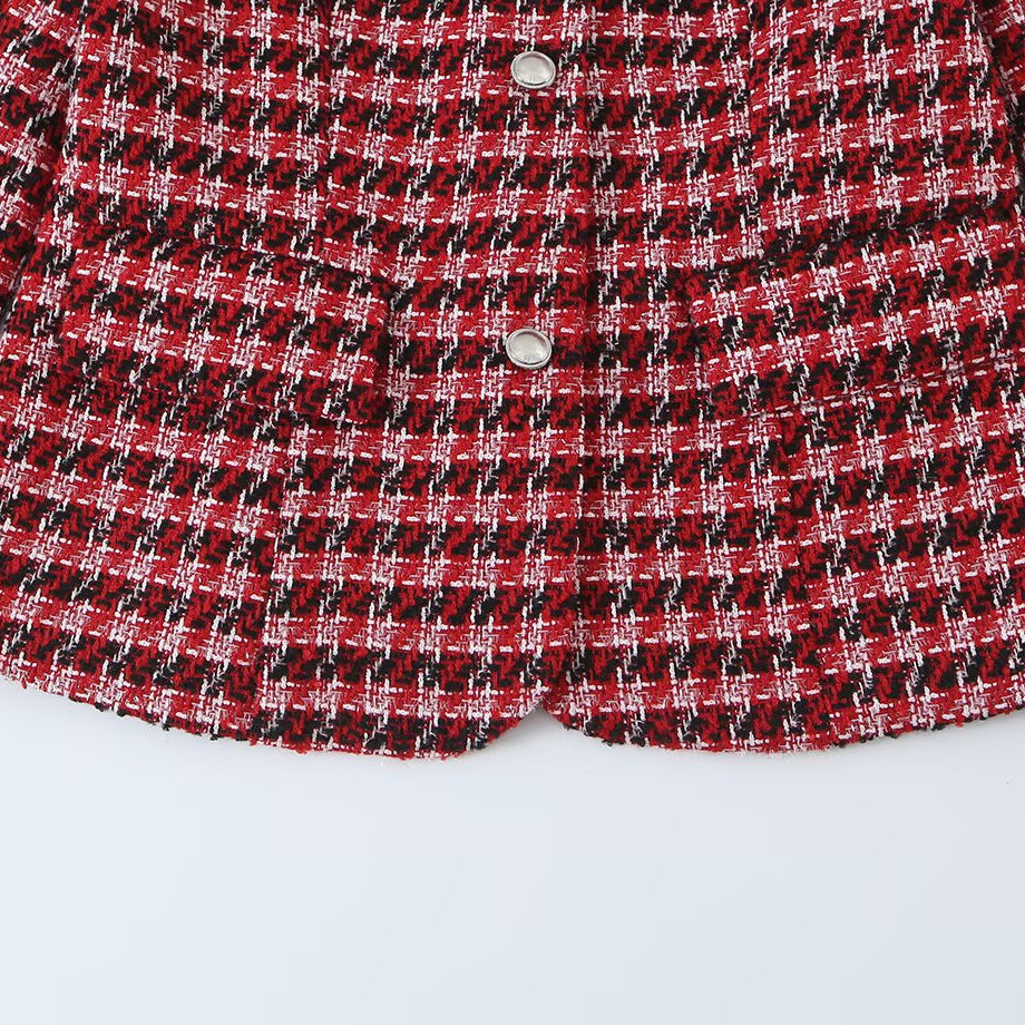 Veste de tailleur à rayures rouges, col V et simple boutonnage 5