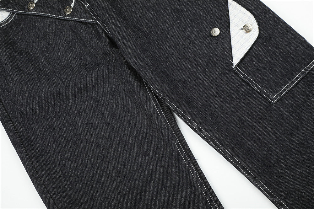 Jean droit à revers pour homme, patchwork à carreaux et boutons en biais 14
