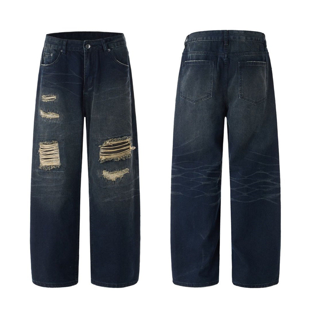 Jean streetwear pour homme avec patchs usés, coupe ample droite délavée style grunge 6