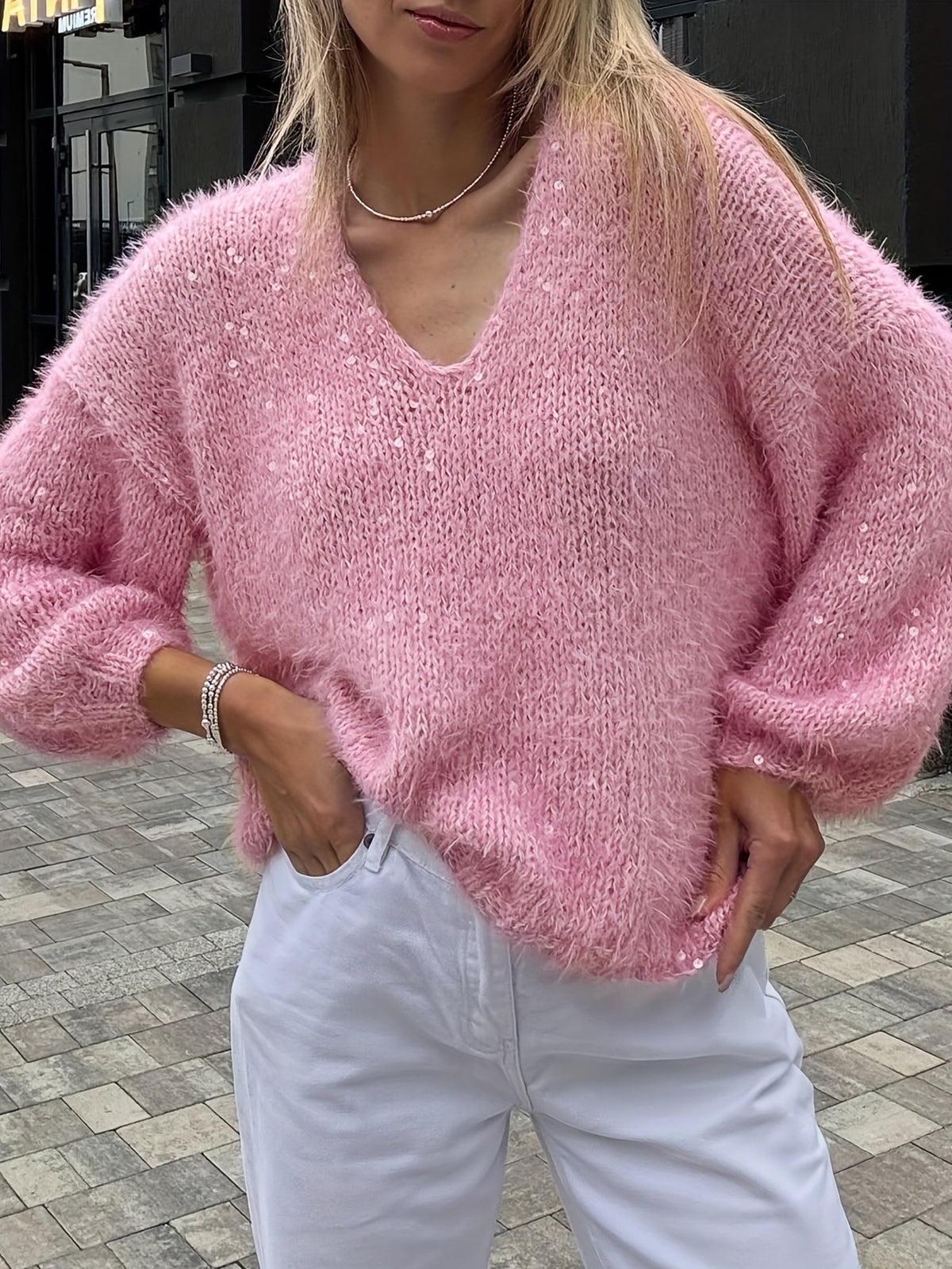 Pull à col V en maille lurex, manches longues, pour femme, rose 4