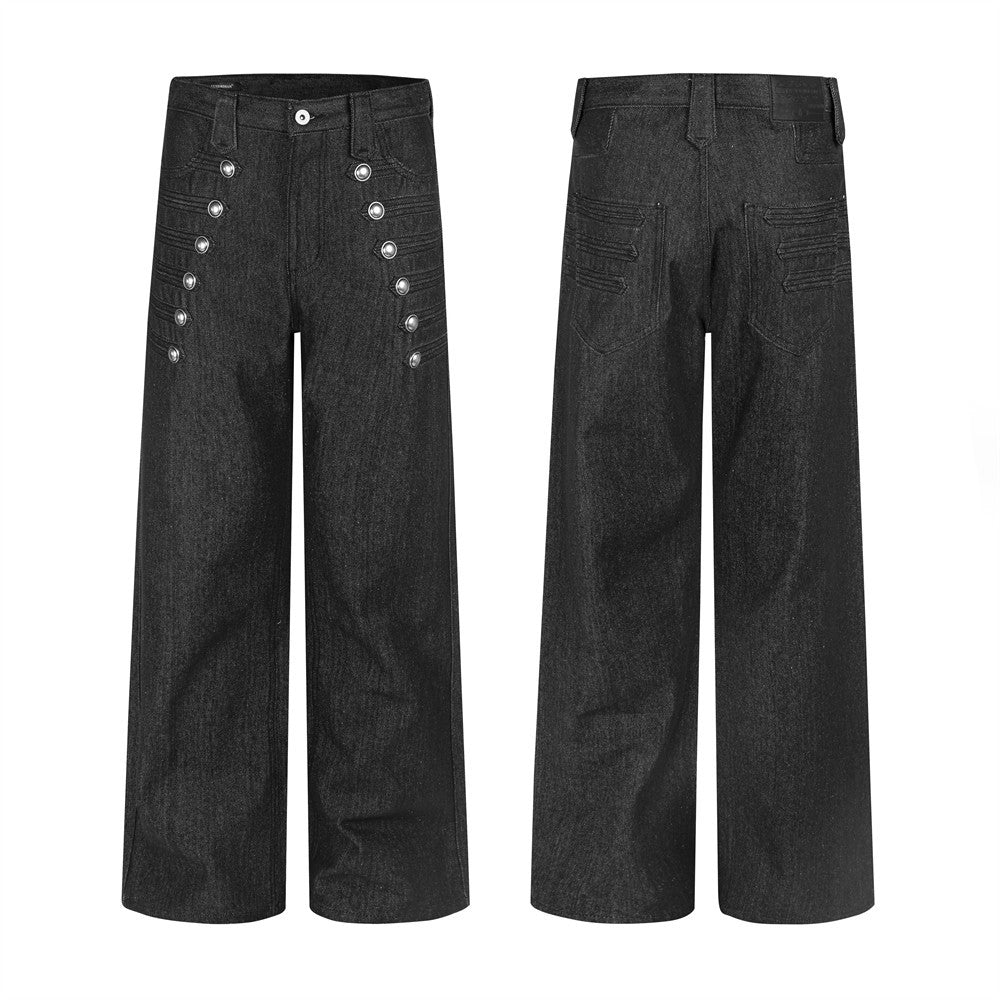 Pantalon droit ample en denim brut vintage pour homme, boutonnage croisé 8