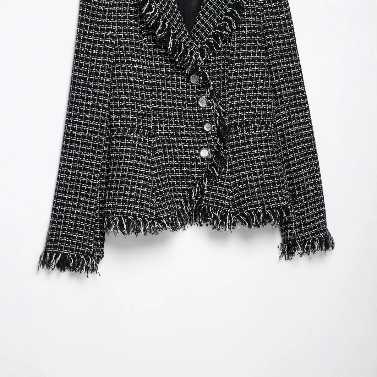 Blazer à col montant, bords effilochés et boutons, pour femme, noir 5
