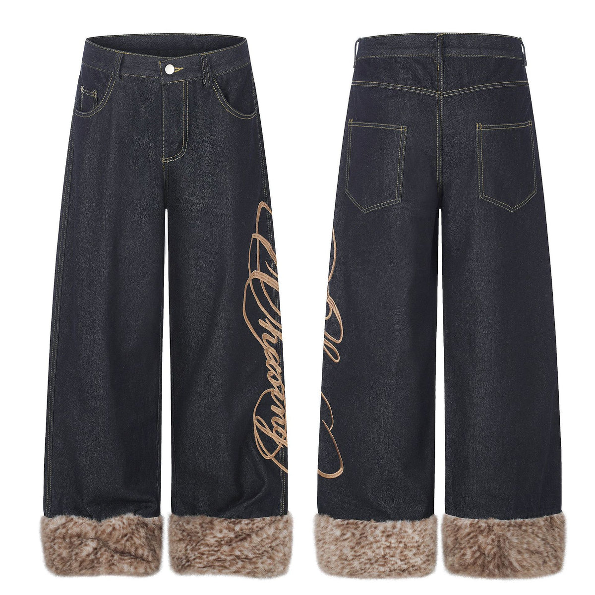 Jean large en denim brodé à ourlet brut, style street 5