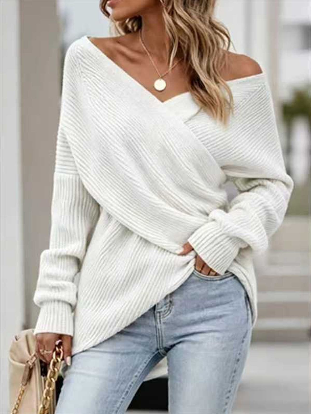 Pull en maille col V mi-long, coupe décontractée, 6 coloris 5