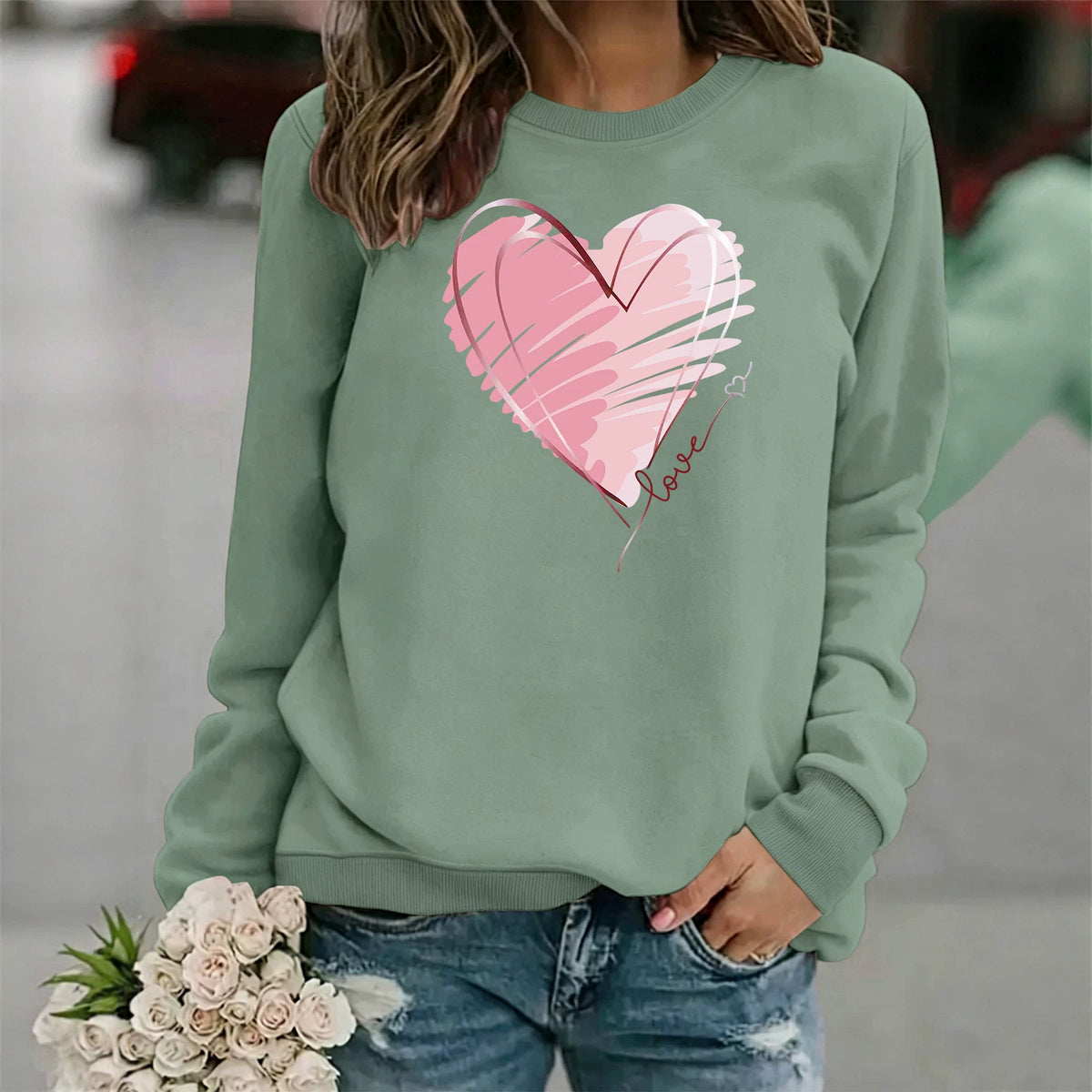 Sweat-shirt épais à col rond, manches lanternes, impression thermique, coupe ample, pour femme, 7 coloris 3