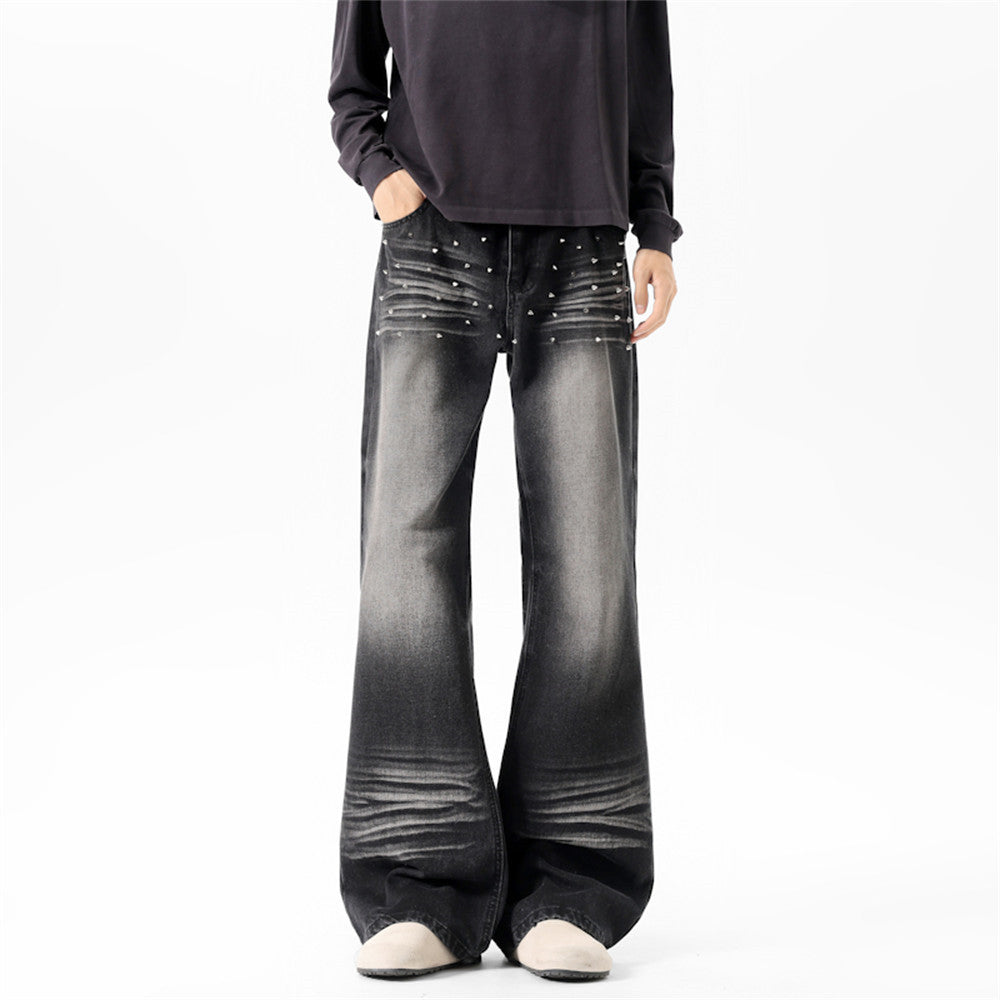 Pantalon évasé en denim délavé pour homme, rivets vintage et jambes larges plissées 8