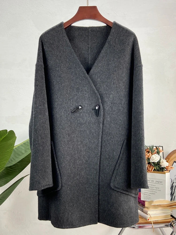 Manteau long laine col écharpe double boutonnage femme – photo 2 – Frippin'Dealz