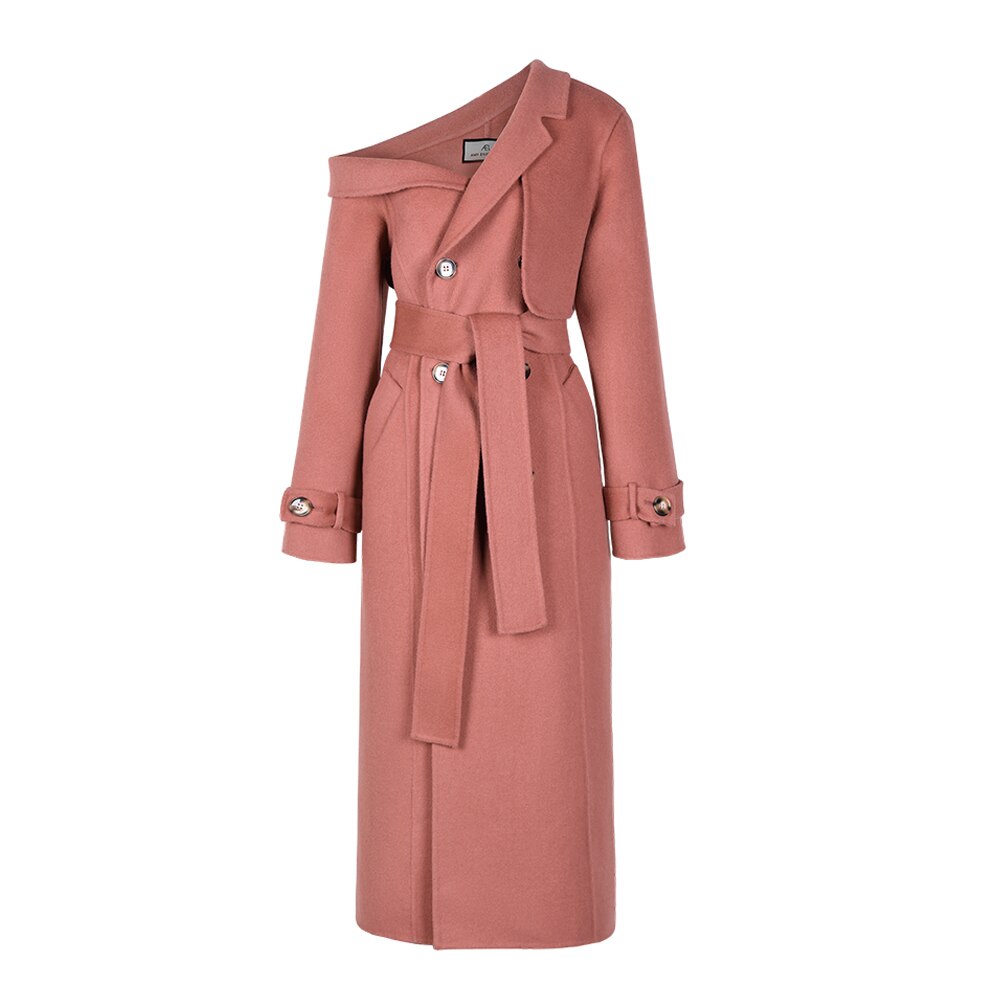 Manteau en laine à double boutonnage et épaule asymétrique pour femme, rouge corail 10