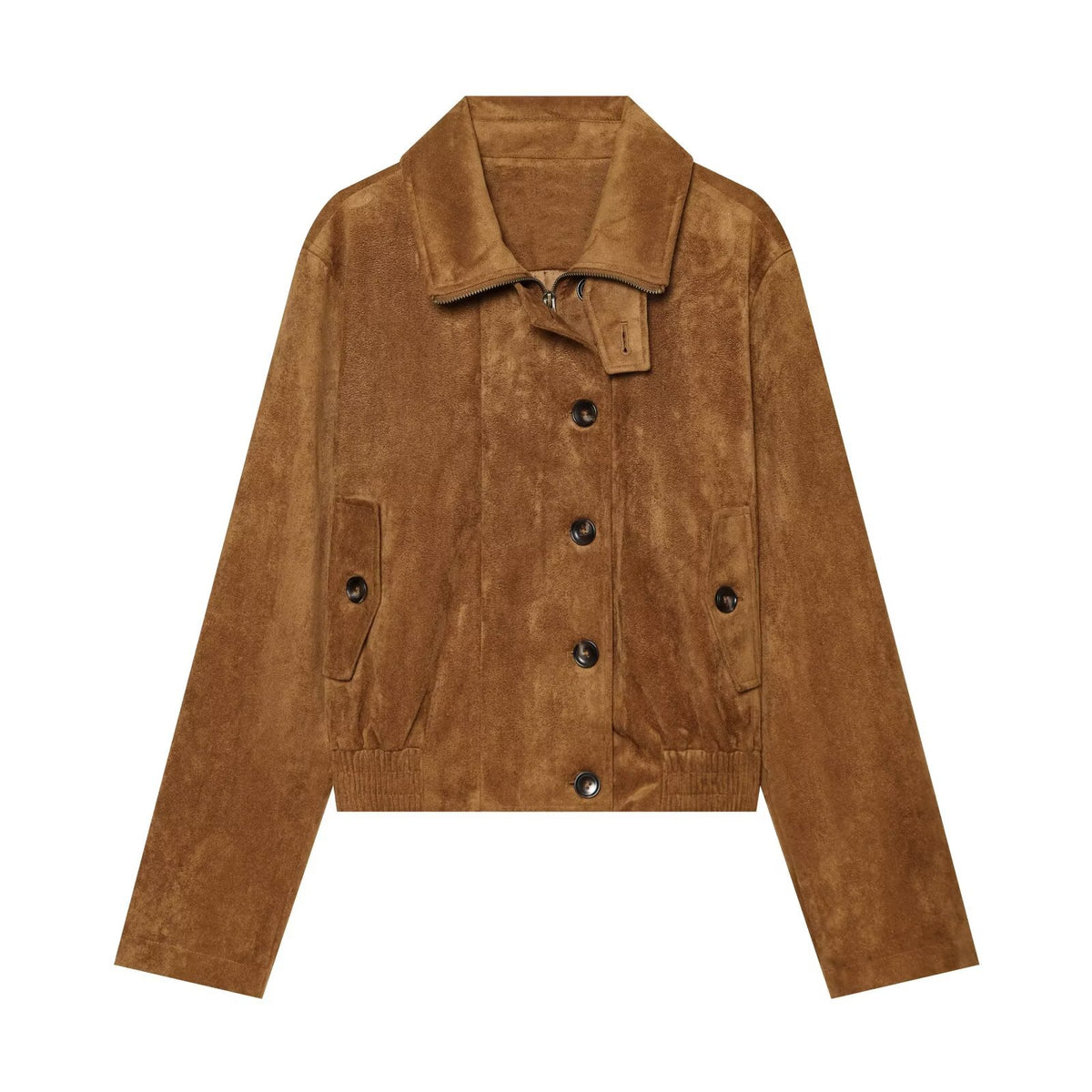 Veste courte à col montant effet daim et taille élastique pour femme, marron 2