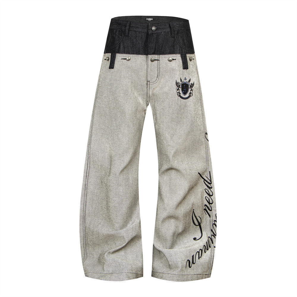 Jean sabre pour homme, ceinture à empiècements, broderie cursive et poches contrastées 9