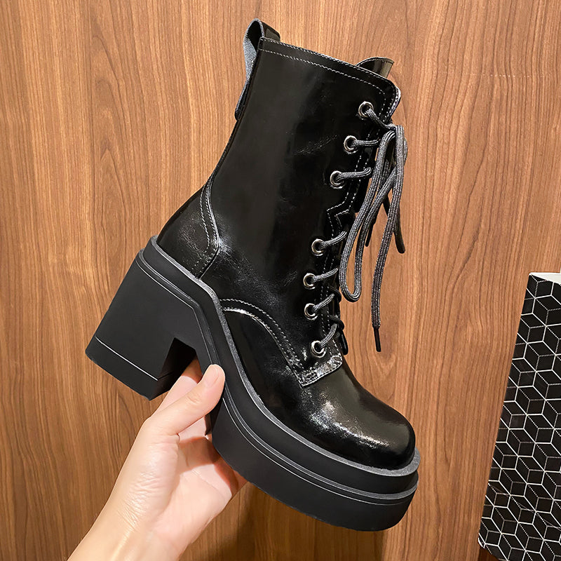 Bottines à plateforme et talon épais en cuir de vache pour femme, marron ou noir 5
