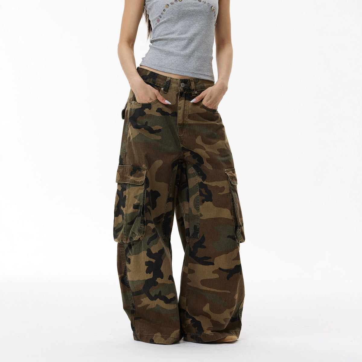 Pantalon cargo camouflage délavé vintage pour homme, jean large à poches, style street 4