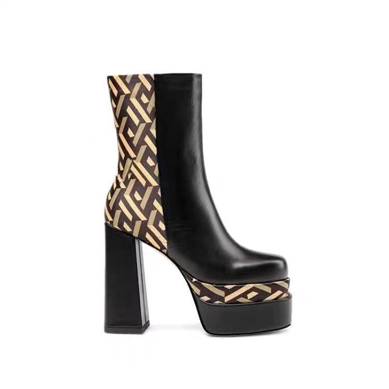 Bottines à bout carré et talon épais 14,5 cm, plateforme, zip latéral
