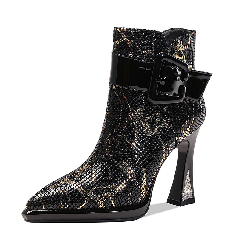 Bottines en cuir à talon épais 10 cm et bout pointu, or ou argent