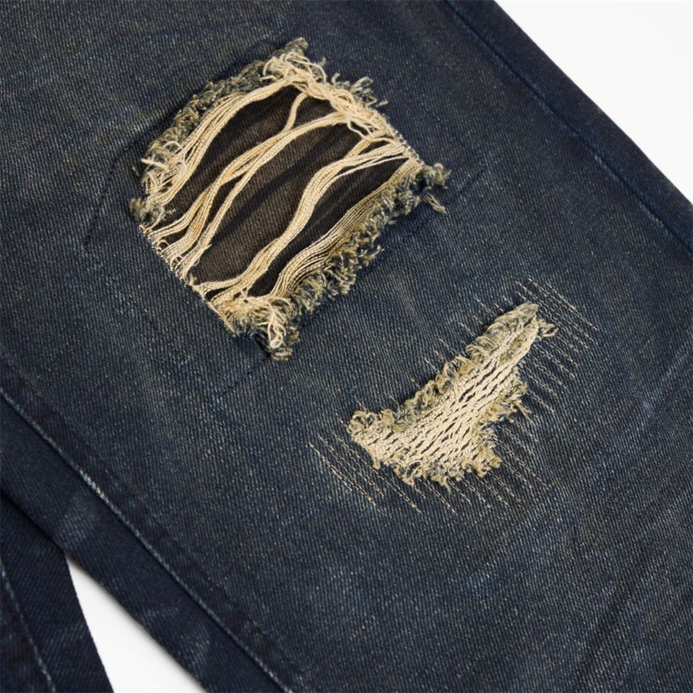 Jean streetwear pour homme avec patchs usés, coupe ample droite délavée style grunge 18