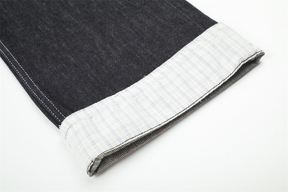 Jean droit à revers pour homme, patchwork à carreaux et boutons en biais 16