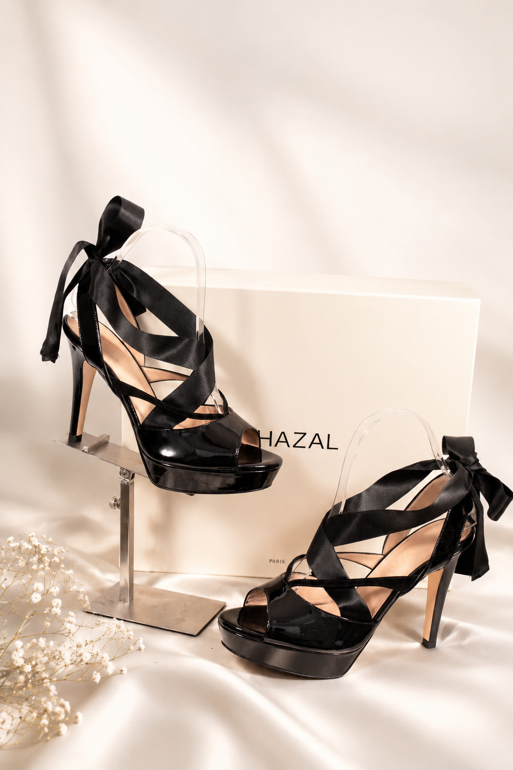 Sandales Ghazal Paris lacets rubans cuir verni noir NEUVES avec boîte - T36.5