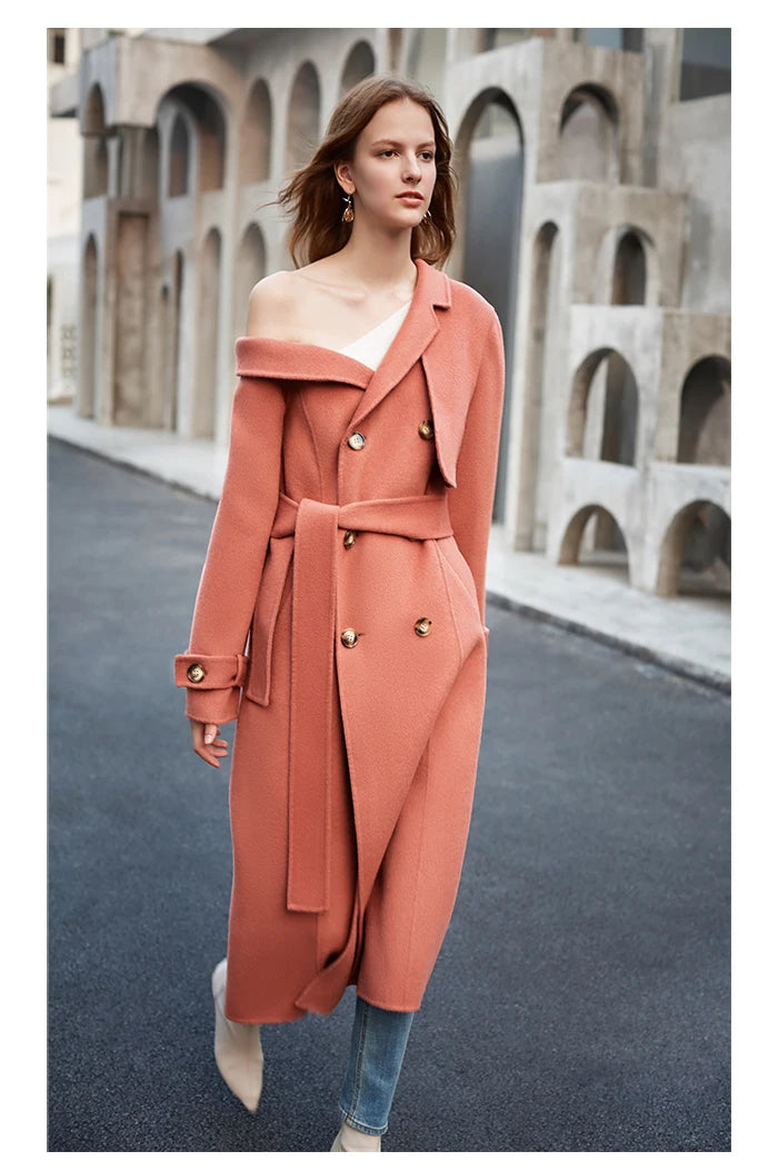 Manteau laine double boutonnage épaule asymétrique femme rouge corail – photo 16 – Frippin'Dealz