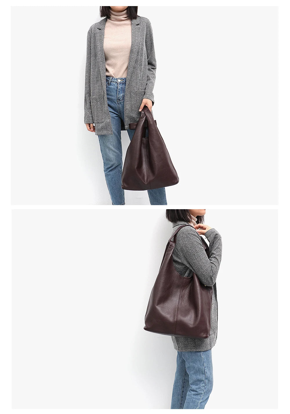 Grand sac épaule cuir de vache seau vintage femme – photo 16 – Frippin'Dealz