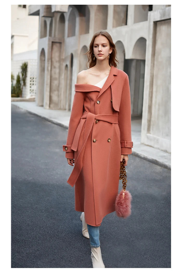 Manteau laine double boutonnage épaule asymétrique femme rouge corail – photo 17 – Frippin'Dealz