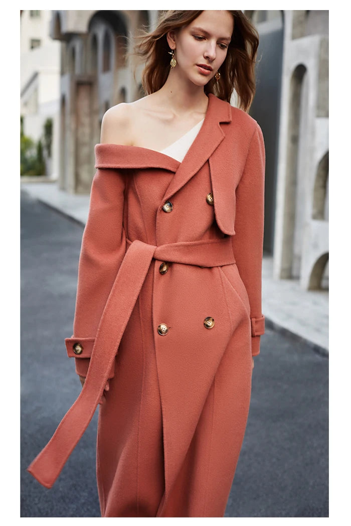Manteau laine double boutonnage épaule asymétrique femme rouge corail – photo 19 – Frippin'Dealz